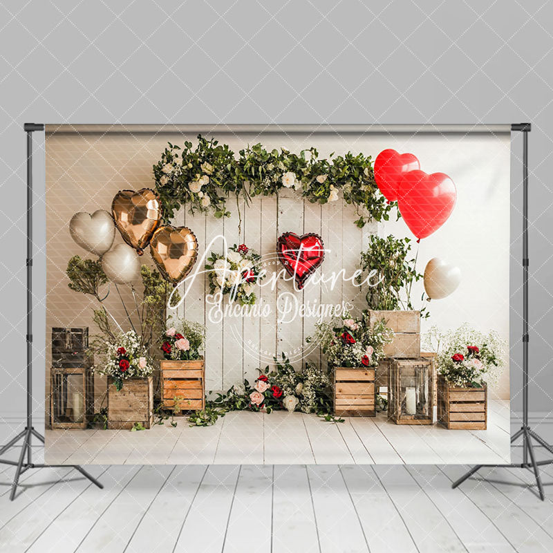 Aperturee - Aperturee Greenery Floral Balloons Wood Valentines Day Backdrop