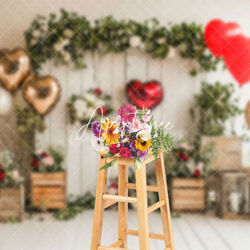 Aperturee - Aperturee Greenery Floral Balloons Wood Valentines Day Backdrop