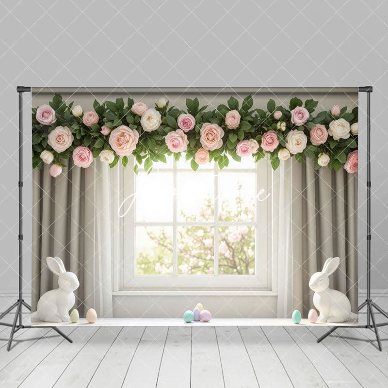 Aperturee - Aperturee Greenery Floral Eggs Curtain Windfow Easter Backdrop