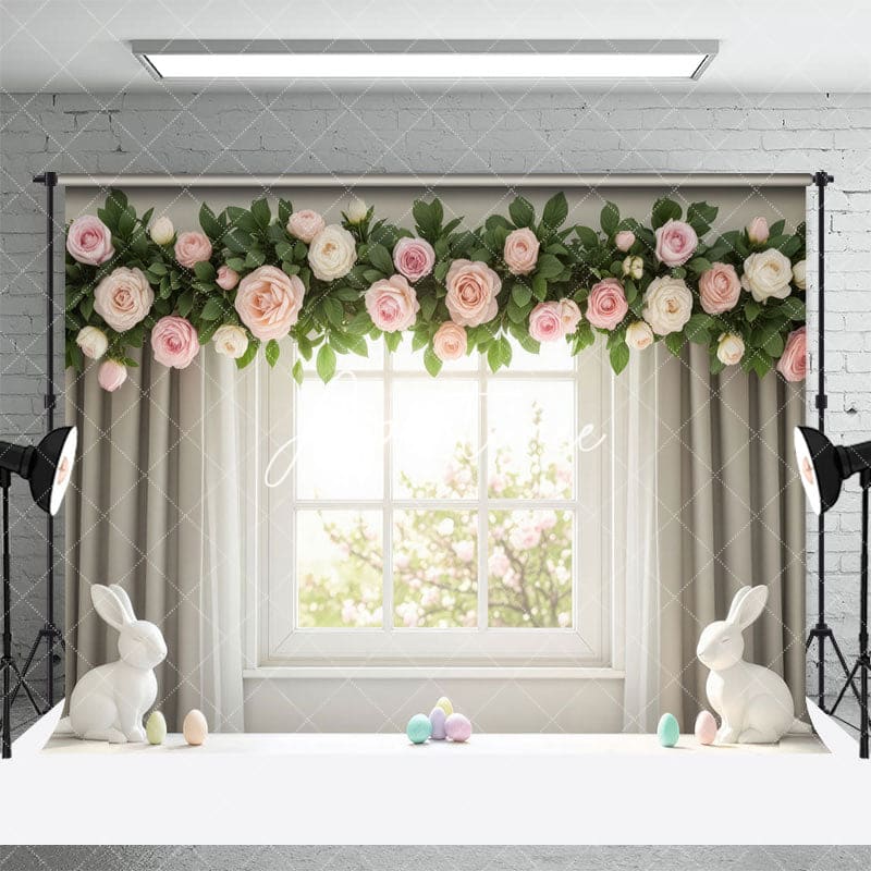 Aperturee - Aperturee Greenery Floral Eggs Curtain Windfow Easter Backdrop