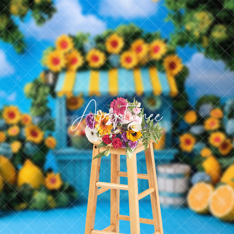 Aperturee - Aperturee Greenery Floral Lemonade Stand Summer Photo Backdrop