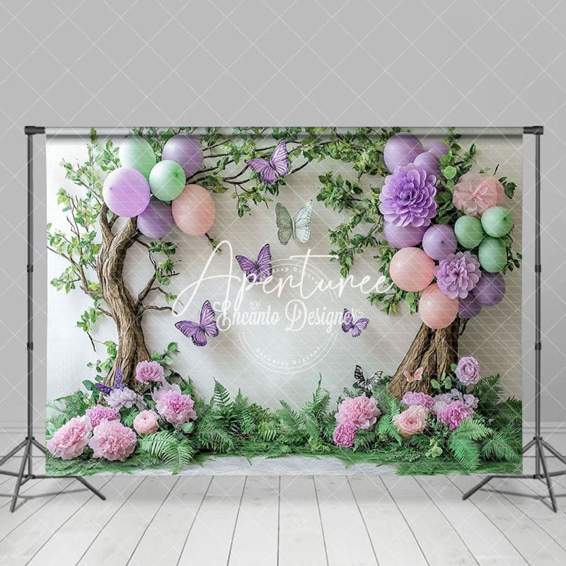 Aperturee - Aperturee Greenery Floral Tree Balloons Cake Smash Backdrop