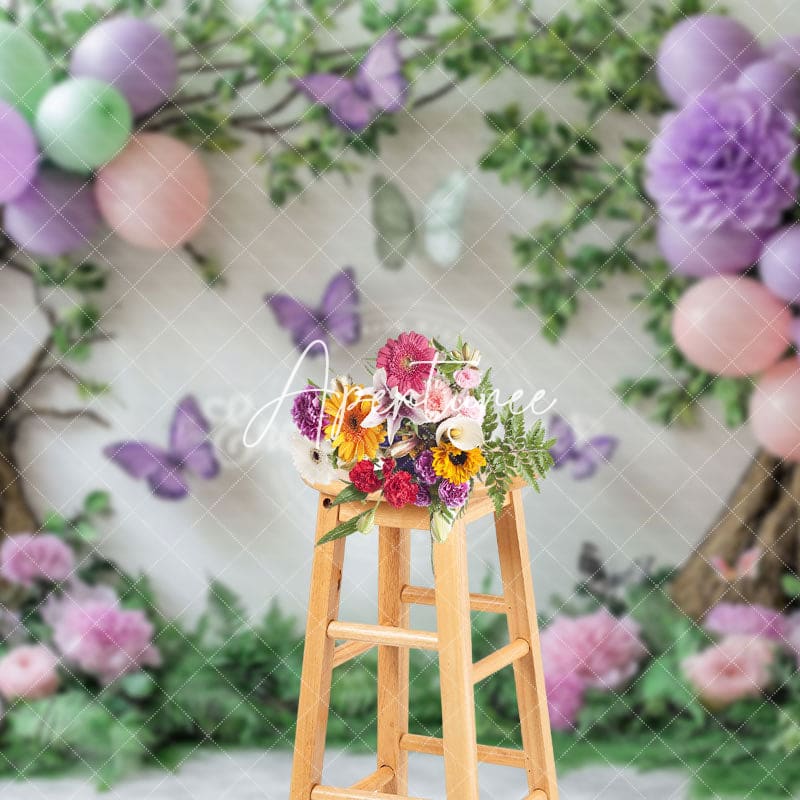 Aperturee - Aperturee Greenery Floral Tree Balloons Cake Smash Backdrop