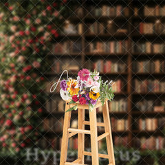 Aperturee - Aperturee Greenery Floral Wooden Bookshelf Spring Backdrop