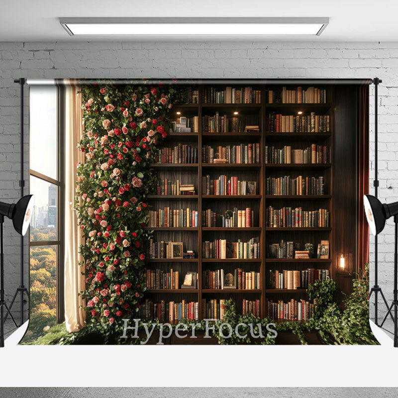 Aperturee - Aperturee Greenery Floral Wooden Bookshelf Spring Backdrop