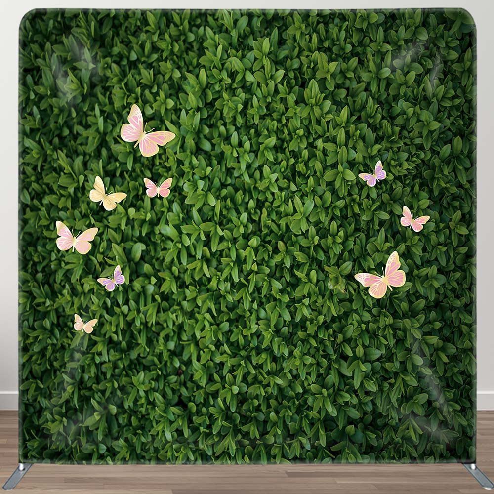 Aperturee - Aperturee Greenery Leaves Pink Butterfly Pillow Case Backdrop