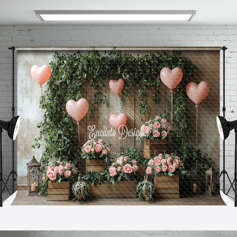 Aperturee - Aperturee Greenery Pink Rose Balloons Valentines Day Backdrop