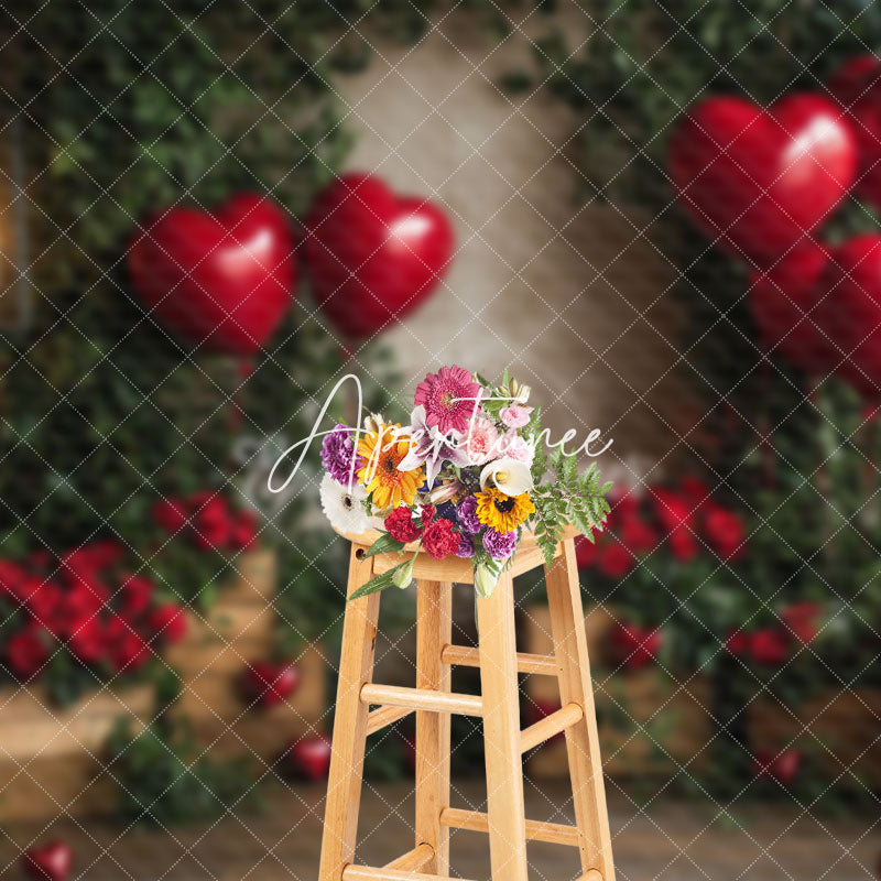 Aperturee - Aperturee Greenery Red Rose Balloons Valentines Day Backdrop