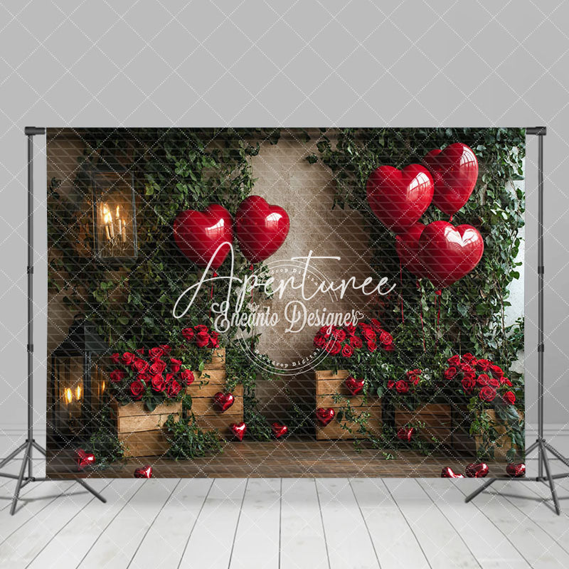 Aperturee - Aperturee Greenery Red Rose Balloons Valentines Day Backdrop