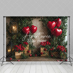 Aperturee - Aperturee Greenery Red Rose Balloons Valentines Day Backdrop