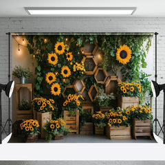 Aperturee - Aperturee Greenery Sunflower Rustic Wooden Spring Backdrop