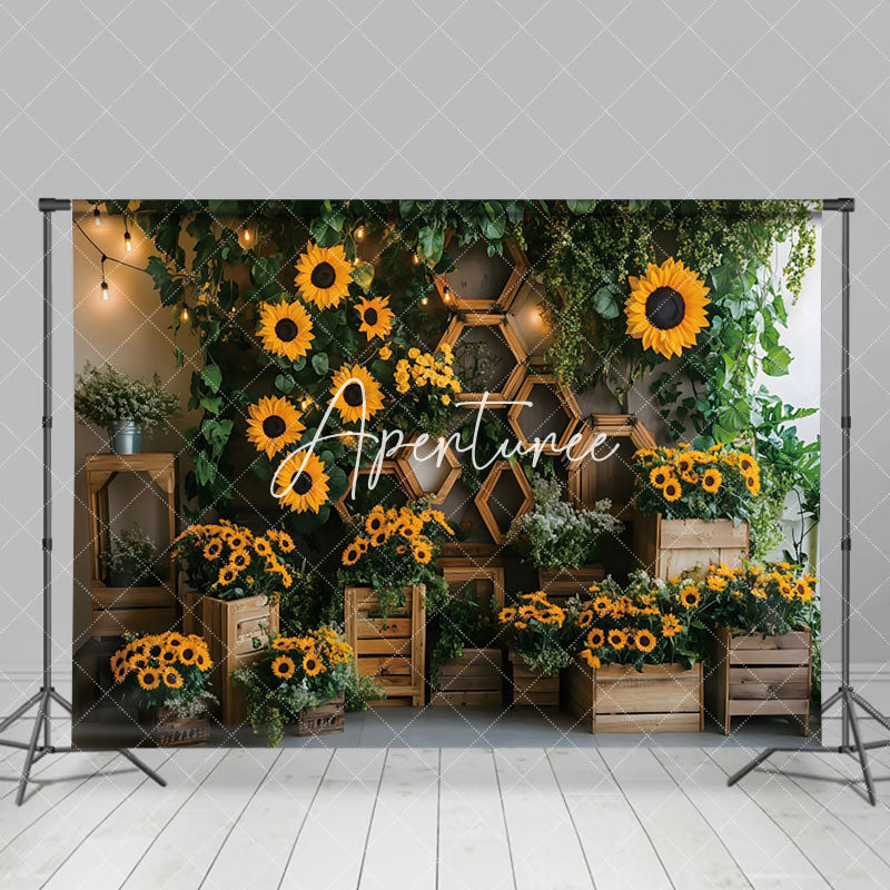 Aperturee - Aperturee Greenery Sunflower Rustic Wooden Spring Backdrop