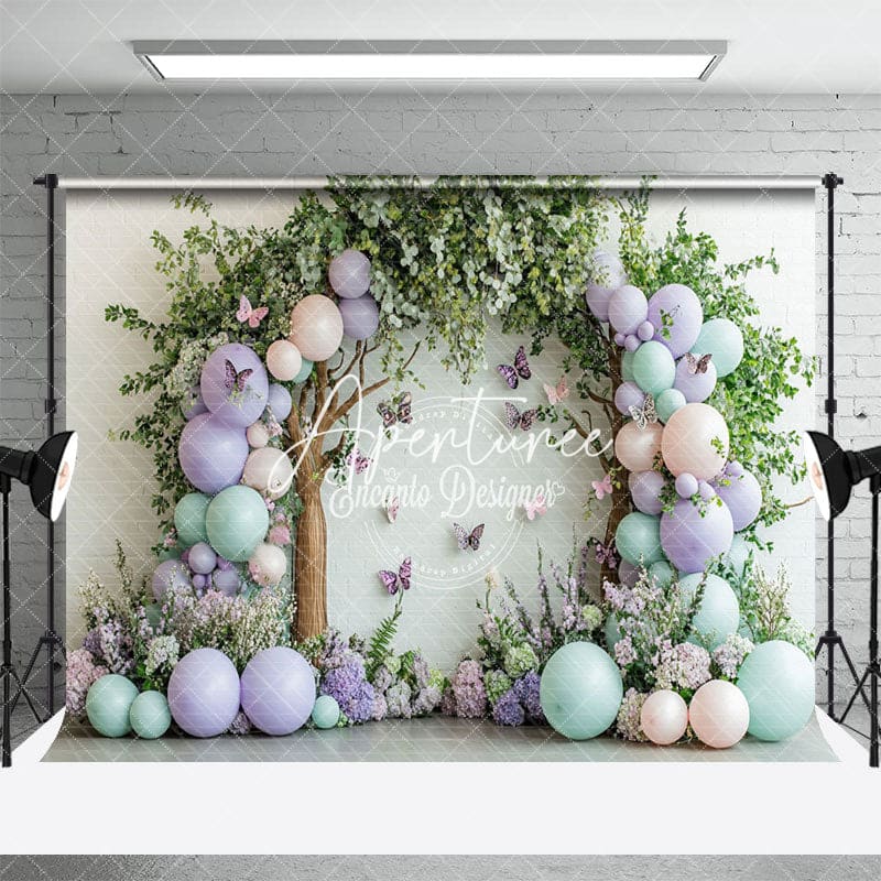 Aperturee - Aperturee Greenery Tree Balloons Floral Cake Smash Backdrop