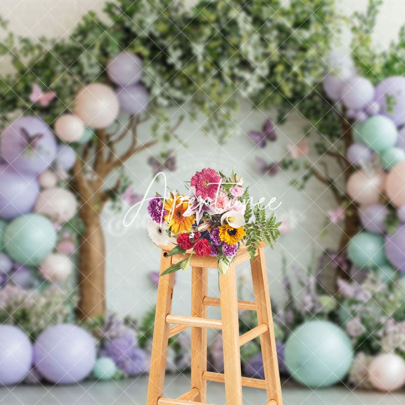 Aperturee - Aperturee Greenery Tree Balloons Floral Cake Smash Backdrop