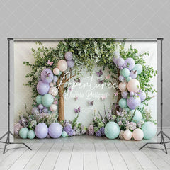 Aperturee - Aperturee Greenery Tree Balloons Floral Cake Smash Backdrop