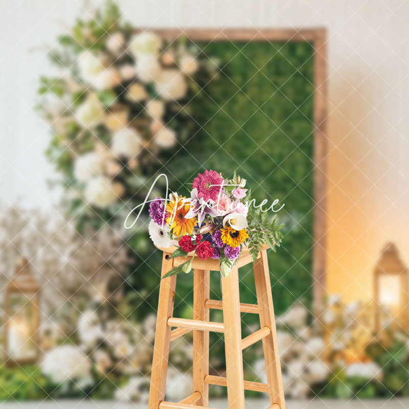 Aperturee - Aperturee Greenery Wall Floral Warm Light Wedding Backdrop