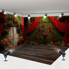 Aperturee - Aperturee Greenery Wall Red Curtain Red Rose Room Set Backdrop