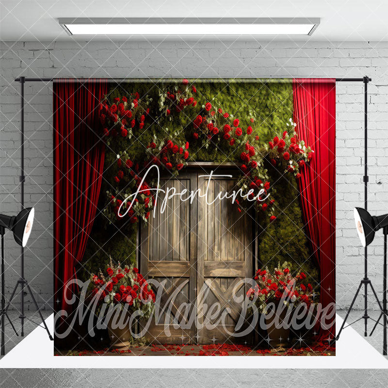 Aperturee - Aperturee Greenery Wall Red Curtain Red Rose Room Set Backdrop