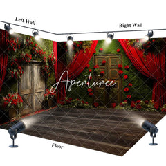 Aperturee - Aperturee Greenery Wall Red Curtain Red Rose Room Set Backdrop