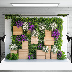 Aperturee - Aperturee Greenery Wall White Purple Floral Spring Backdrop