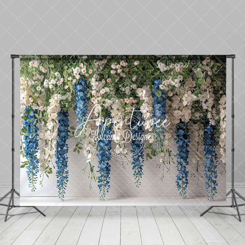 Aperturee - Aperturee Greenery White Blue Floral Photography Backdrop