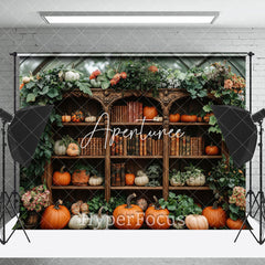 Aperturee - Aperturee Greenhouse Bookshelf Pumpkins Autumn Photo Backdrop