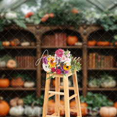 Aperturee - Aperturee Greenhouse Bookshelf Pumpkins Autumn Photo Backdrop