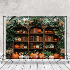 Aperturee - Aperturee Greenhouse Bookshelf Pumpkins Autumn Photo Backdrop