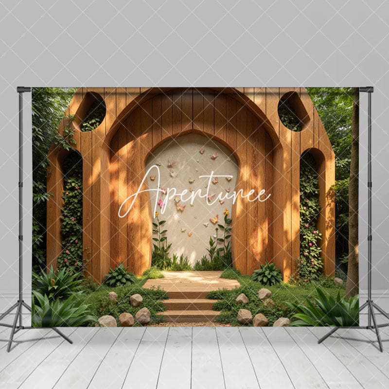 Aperturee - Aperturee Greenry Wooden Arched Stage Wedding Photo Backdrop