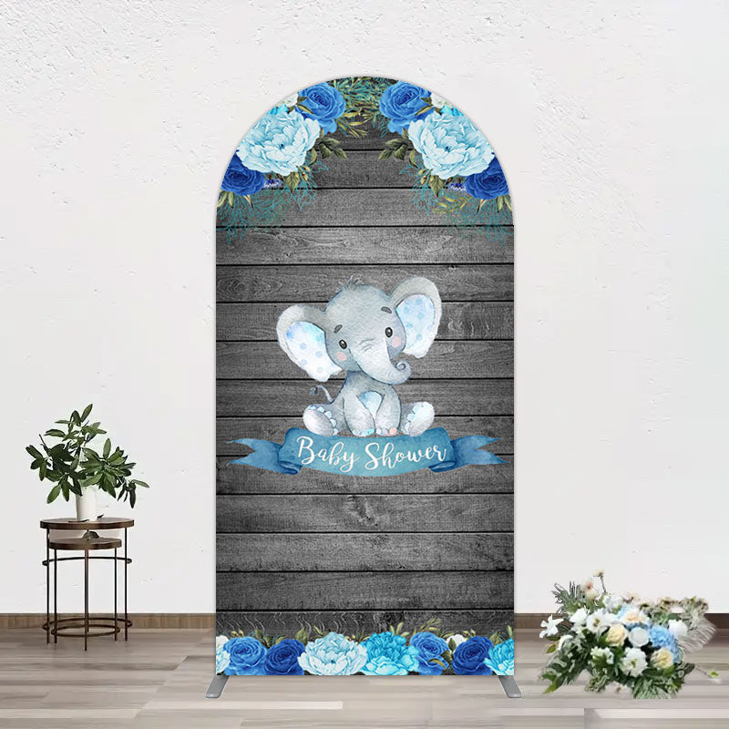 Aperturee - Aperturee Grey Blue Floral Elephant Arch Baby Shower Backdrop