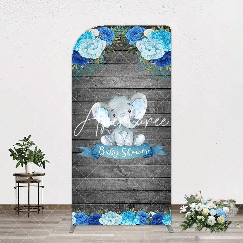 Aperturee - Aperturee Grey Blue Floral Elephant Arch Baby Shower Backdrop