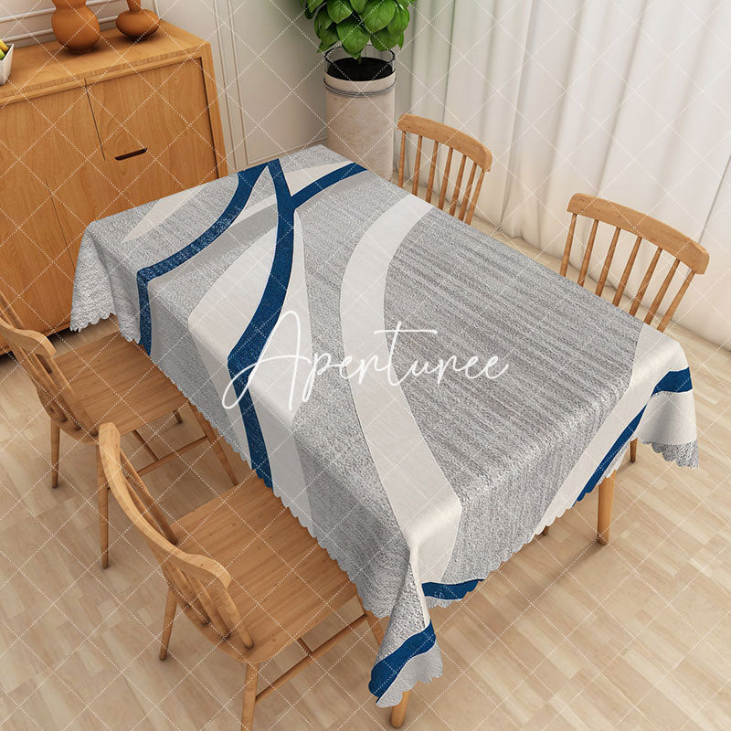 Aperturee - Aperturee Grey Navy Blue Lines Rectangle Tablecloth Dining Room