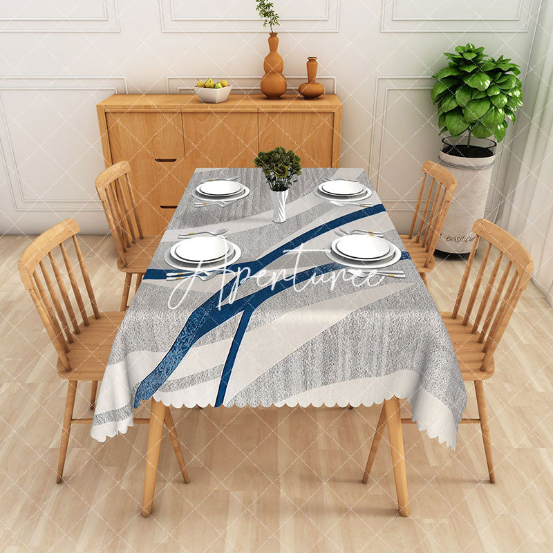 Aperturee - Aperturee Grey Navy Blue Lines Rectangle Tablecloth Dining Room