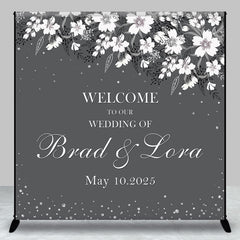 Aperturee - Aperturee Grey White Floral Custom Name Wedding Party Backdrop