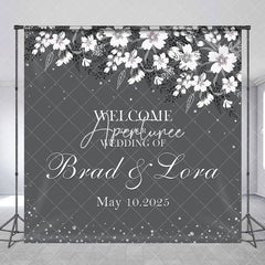 Aperturee - Aperturee Grey White Floral Custom Name Wedding Party Backdrop