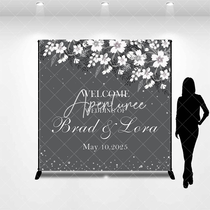 Aperturee - Aperturee Grey White Floral Custom Name Wedding Party Backdrop