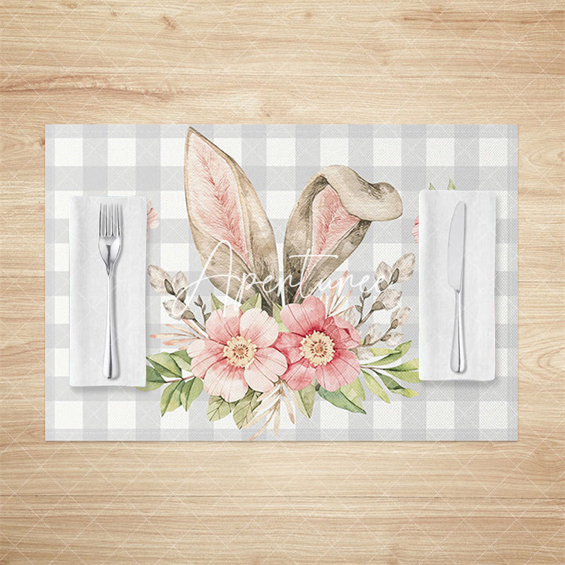 Aperturee - Aperturee Grey White Plaid Bunny Ear Easter Set Of 4 Placemats