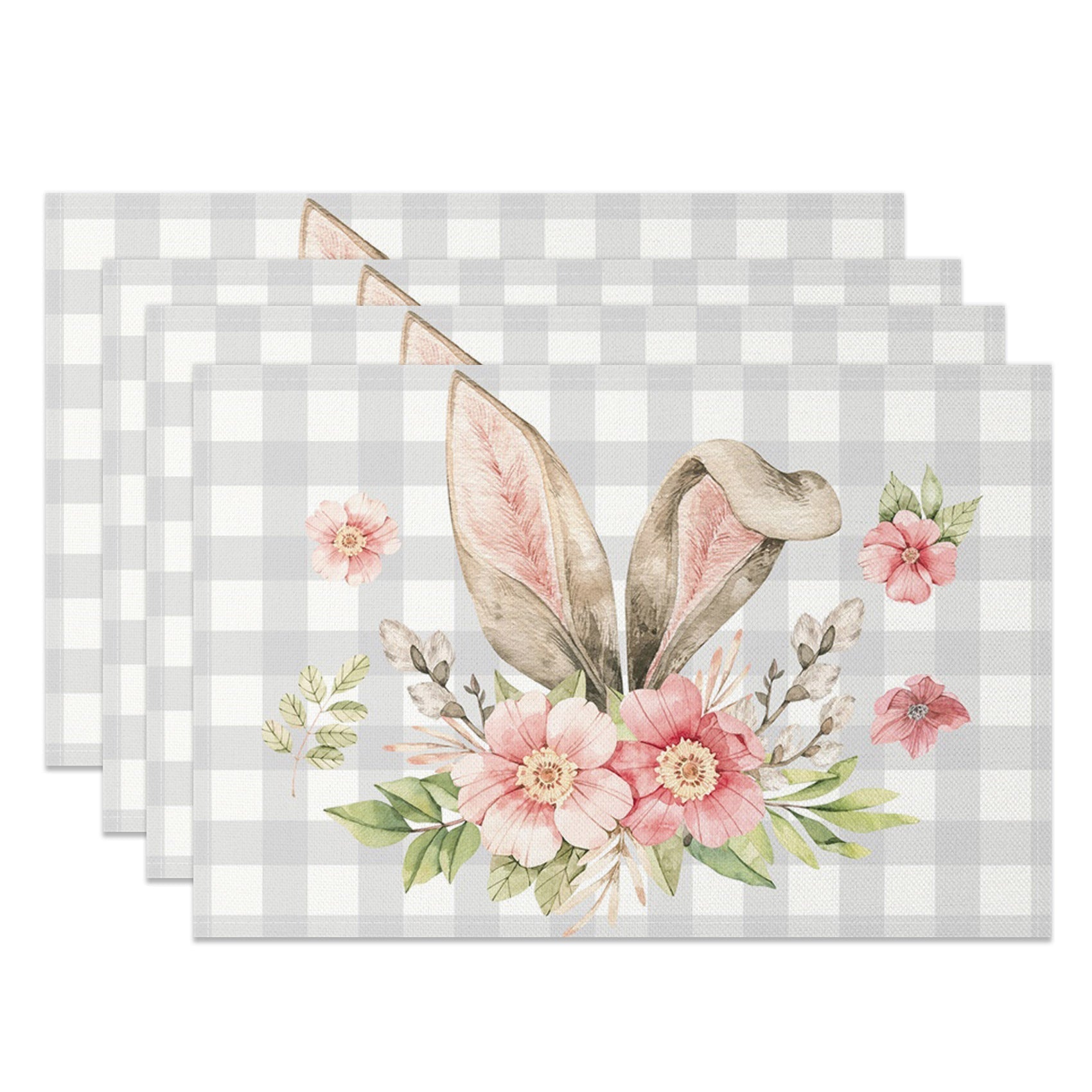 Aperturee - Aperturee Grey White Plaid Bunny Ear Easter Set Of 4 Placemats