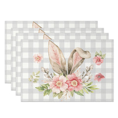 Aperturee - Aperturee Grey White Plaid Bunny Ear Easter Set Of 4 Placemats