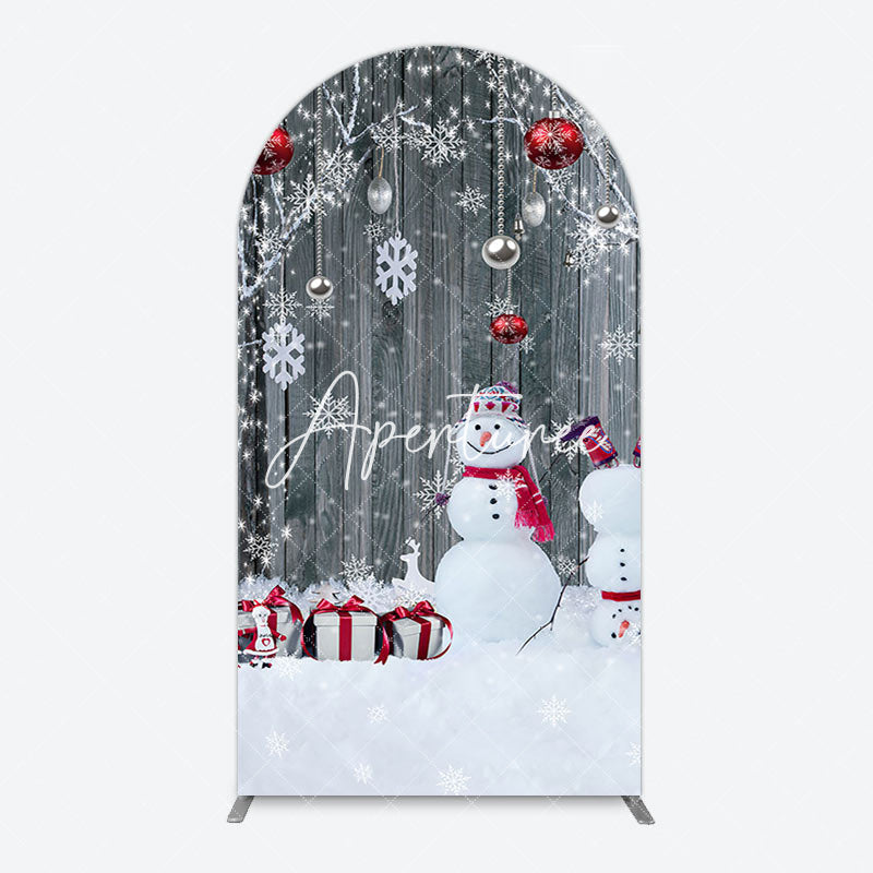 Aperturee - Aperturee Grey Wooden Snowman Christmas Vibe Arch Backdrop