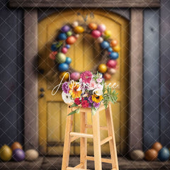 Aperturee - Aperturee Grey Yellow Door Egg Wreath Easter Photo Backdrop