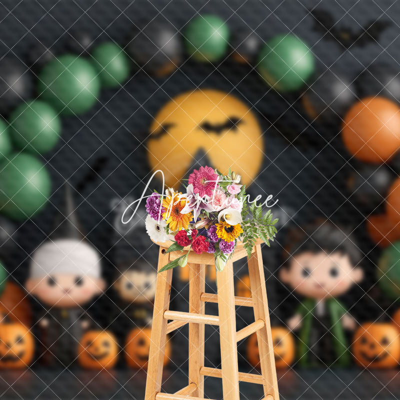 Aperturee - Aperturee Halloween Balloons Castle Moon Bats Photo Backdrop