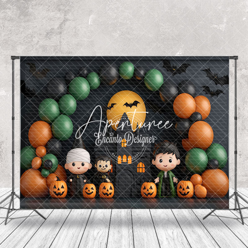 Aperturee - Aperturee Halloween Balloons Castle Moon Bats Photo Backdrop