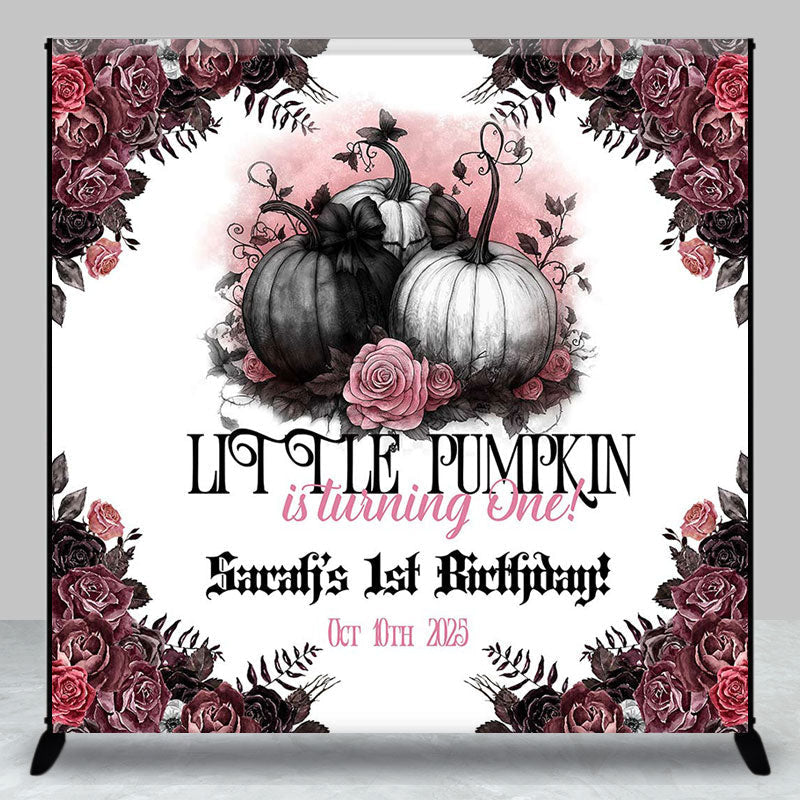 Aperturee - Aperturee Halloween Floral Pumpkin Custom 1st Birthday Backdrop