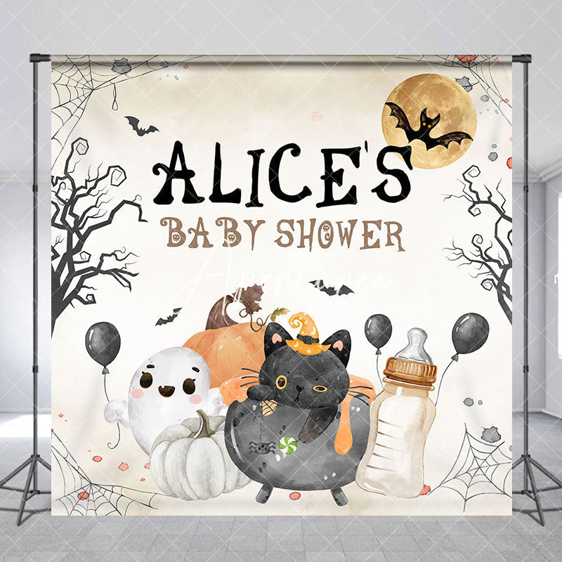 Aperturee - Aperturee Halloween Vibe Moon Custom Name Baby Shower Backdrop