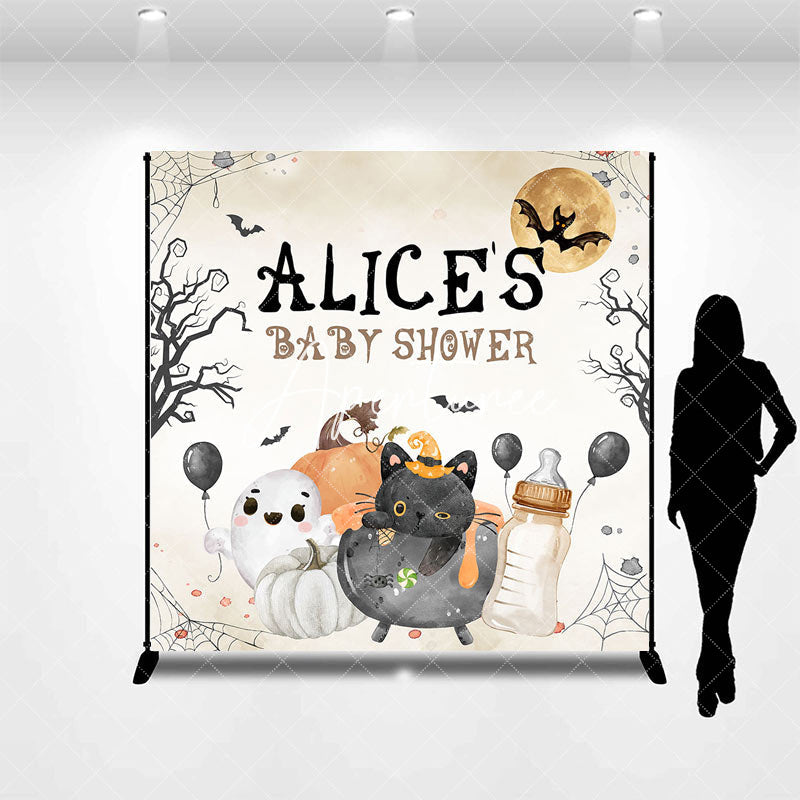 Aperturee - Aperturee Halloween Vibe Moon Custom Name Baby Shower Backdrop