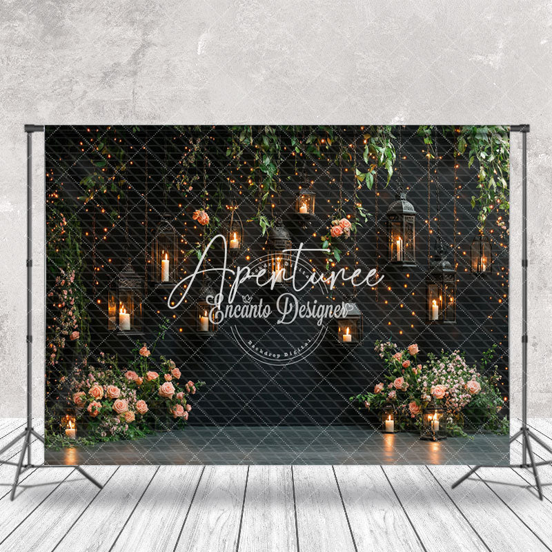 Aperturee - Aperturee Hanging Candle Greenery Pink Floral Photo Backdrop