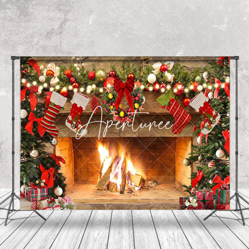 Aperturee - Aperturee Hanging Sock Gifts Tree Fireplace Christmas Backdrop