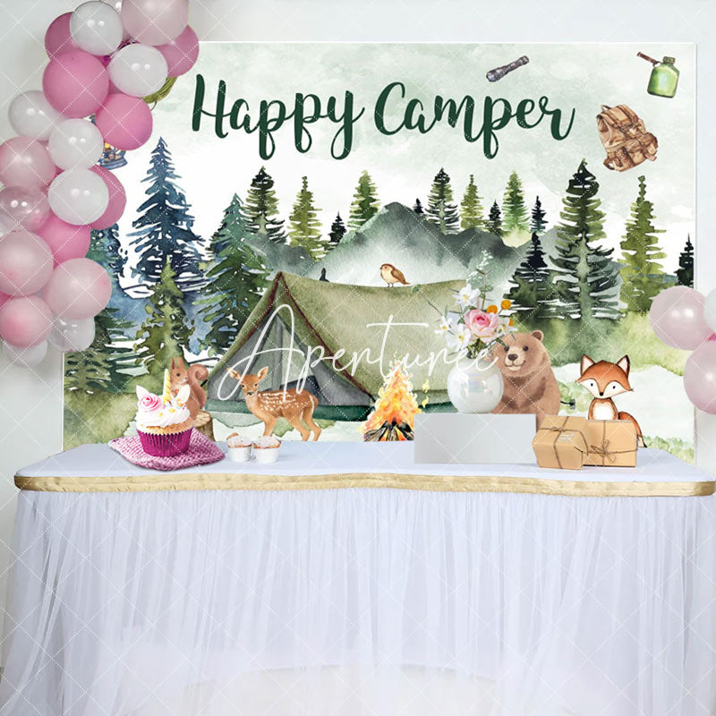 Aperturee - Aperturee Happy Camper Green Watercolor Bear Birthday Backdrop