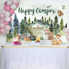 Aperturee - Aperturee Happy Camper Green Watercolor Bear Birthday Backdrop